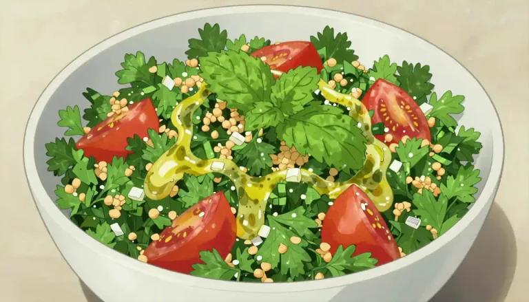 Visual representation of "tabouli" - A Levantine salad made primarily of finely chopped parsley, tomatoes, mint, onion, and bulgur, seasoned traditionally with olive oil and lemon juice.