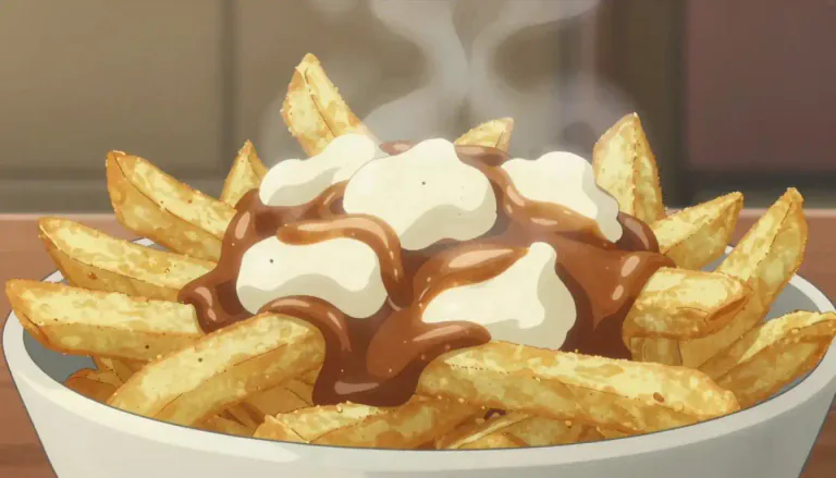 Visual representation of "poutine" - A dish consisting of french fries topped with cheese curds and gravy.