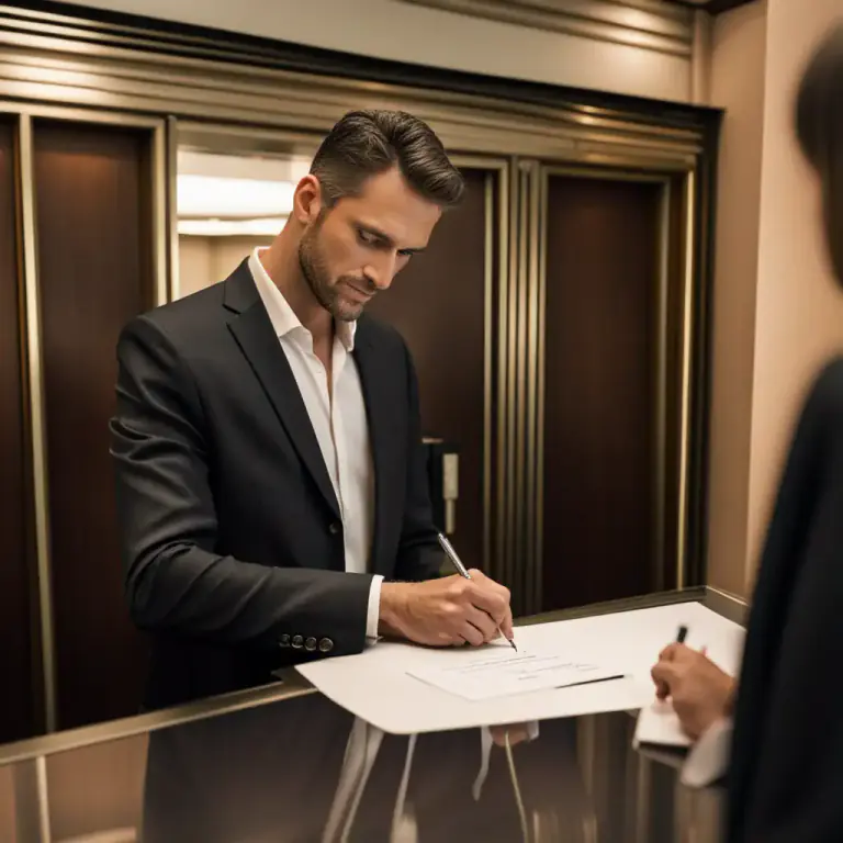 Visual representation of "sign in" - To write your name on a list when you arrive at a place, such as an office or hotel.