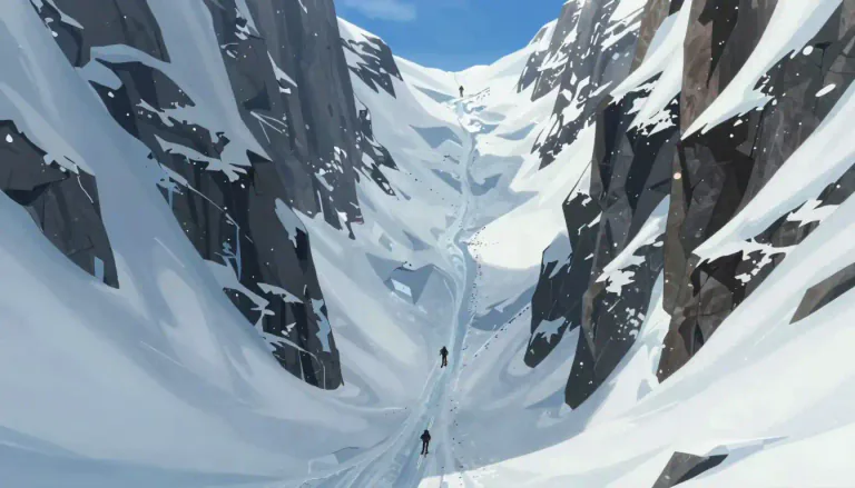 Visual representation of "couloir" - A couloir is a steep, narrow passage or gully on a mountain that is often used in skiing or climbing.