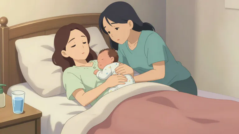 Visual representation of "postpartum" - Relating to the period of time after childbirth.