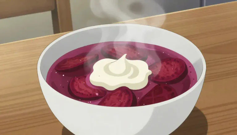 Visual representation of "borscht" - A soup made primarily from beets, often served hot with sour cream, common in Eastern European cuisine.