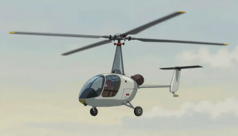 Visual representation of "gyrocopter" - A gyrocopter is a type of aircraft that has a rotor system, which provides lift, and a separate engine-driven propeller for thrust.