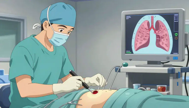 Visual representation of "thoracoscopic" - Relating to a surgical procedure that is performed through small incisions in the chest using a thoracoscope.