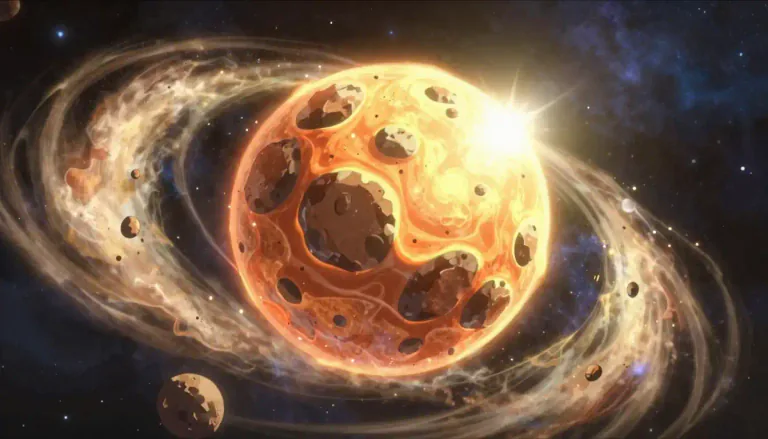Visual representation of "protoplanet" - A protoplanet is a large body in space that is forming into a planet and is made of gas and dust.