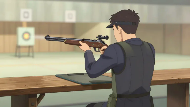 Visual representation of "benchrest" - A shooting position where a firearm is supported on a bench to improve accuracy and precision.