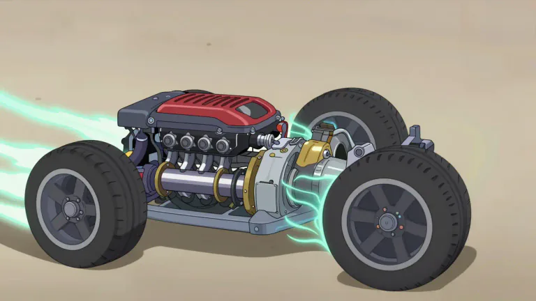 Visual representation of "powertrain" - The powertrain is the mechanism that transmits power from the engine to the wheels of a vehicle.