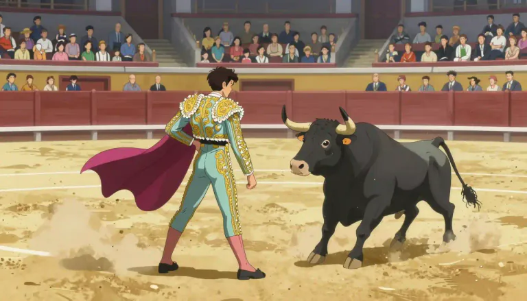 Visual representation of "bullfight" - A public spectacle in which a person fights a bull for entertainment