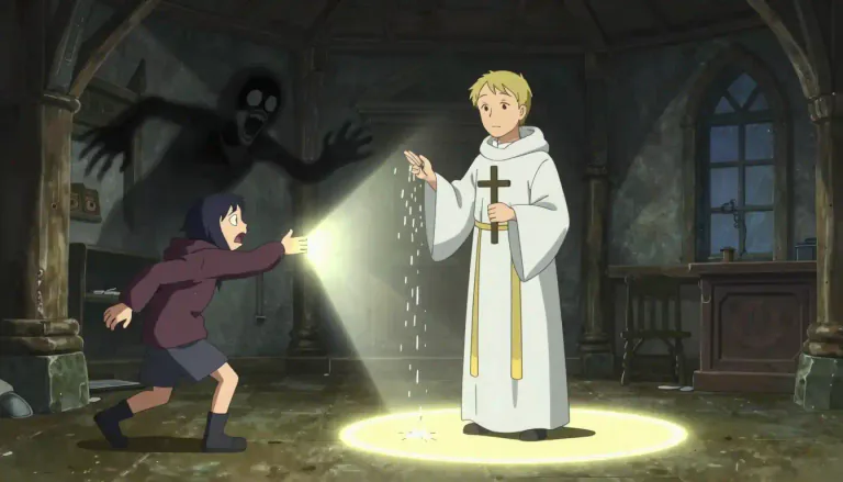 Visual representation of "exorcize" - To perform a ritual to drive out an evil spirit from a person or place.