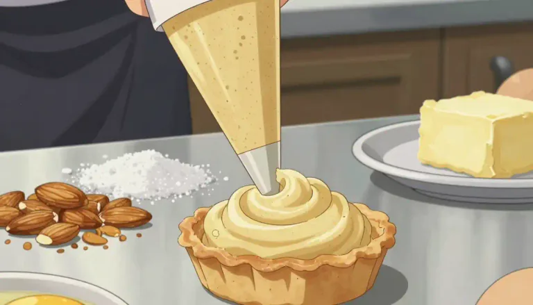 Visual representation of "frangipane" - A sweet filling made from ground almonds, sugar, butter, and eggs, often used in pastries.