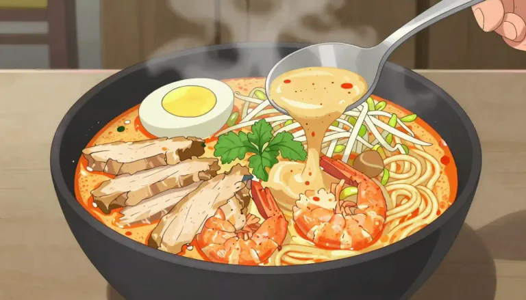 Visual representation of "laksa" - A spicy noodle soup typically made with rice noodles, seafood or chicken, and a rich, flavorful coconut milk or curry broth, popular in various Southeast Asian countries.