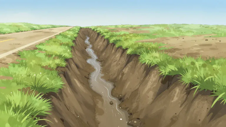Visual representation of "ditch" - A narrow channel dug in the ground, usually used for drainage or to mark a boundary.