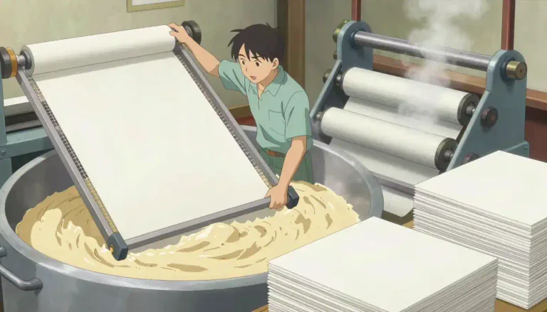 Visual representation of "papermaker" - A person or company that makes paper from raw materials in a manufacturing process.