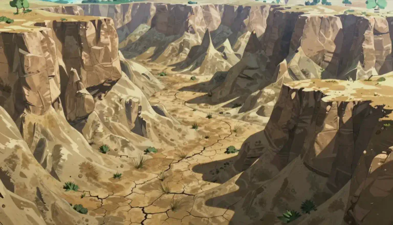 Visual representation of "badlands" - A region characterized by rough terrain, steep cliffs, and little vegetation, formed by erosion and weathering.