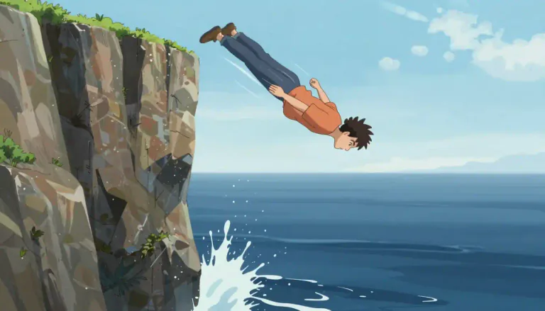 Visual representation of "plunge" - To quickly fall or drop down from a high place.