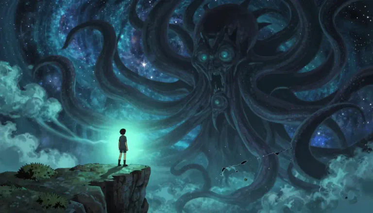 Visual representation of "lovecraftian" - Referring to a style of horror fiction characterized by the fear of the unknown and cosmic horror of the insignificance of humans in the universe.
