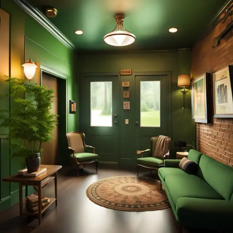 Visual representation of "foyer" - A green room or small lounge in a public building such as a theater or concert hall where performers can relax when they are not performing.