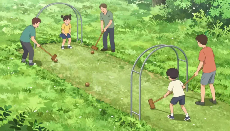 Visual representation of "croquet" - A game played outside where players hit wooden balls through metal arches using mallets.