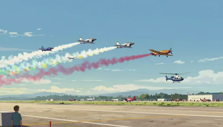 Visual representation of "airshow" - A public event displaying various aircraft, including their flight skills and capabilities, often with performances and demonstrations.