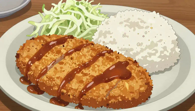 Visual representation of "katsu" - A Japanese dish made from meat that has been breaded and deep-fried, usually served with rice and a sauce.