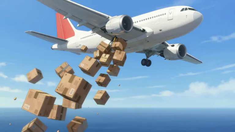 Visual representation of "jettison" - To throw or drop something from an aircraft or ship.