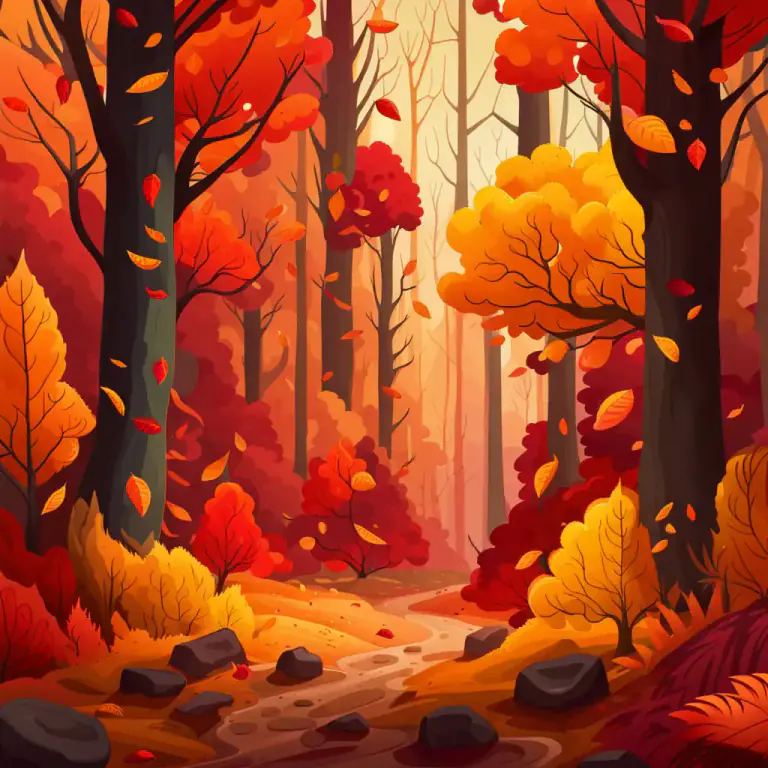 Visual representation of "autumn" - The season after summer and before winter, when temperatures cool down and leaves change color and fall off trees.