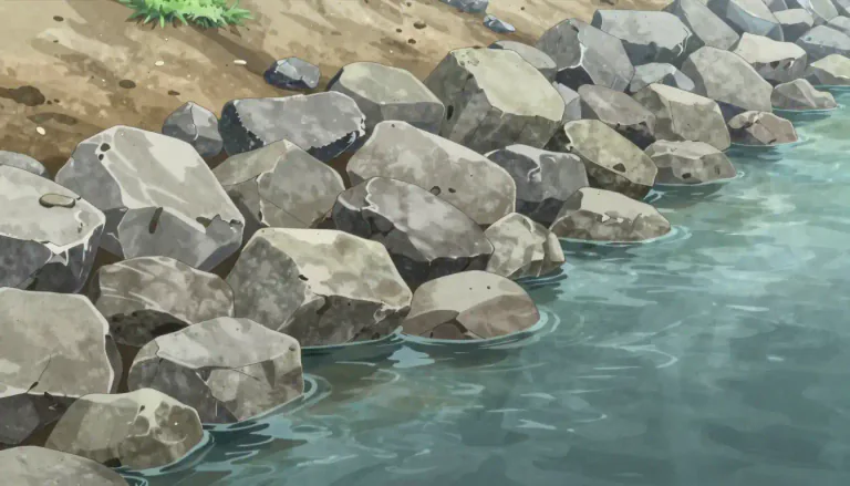 Visual representation of "riprap" - A layer of rock or concrete placed on slopes or embankments to prevent erosion, especially along shorelines.