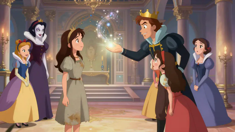 Visual representation of "cinderella" - The main female character in a popular fairy tale, who is badly treated by her stepmother and stepsisters but ends up marrying a prince.