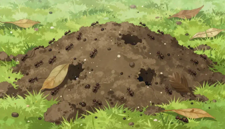 Visual representation of "anthill" - A raised mound constructed by ants from soil and organic matter.