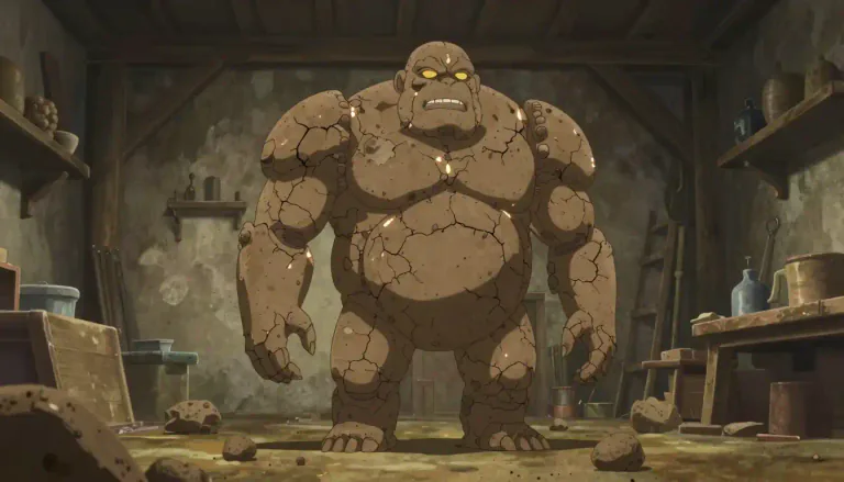 Visual representation of "golem" - A golem is a creature from Jewish folklore that is created from inanimate matter, often clay, and brought to life through magical means.