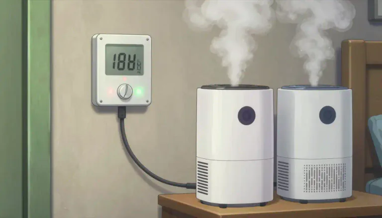 Visual representation of "humidistat" - A device that automatically controls the humidity level in a space by turning on or off equipment such as dehumidifiers or humidifiers.