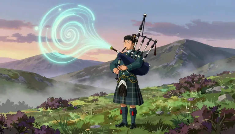 Visual representation of "pibroch" - A type of traditional Scottish music played on a bagpipe, typically with complex variations.