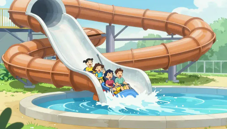 Visual representation of "waterslide" - A waterslide is a sloping surface designed for individuals to slide down into a body of water, commonly used in amusement parks and water parks.