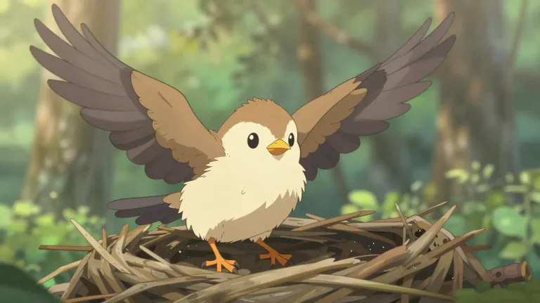 Visual representation of "fledgling" - A baby bird that has grown feathers and is learning to fly.