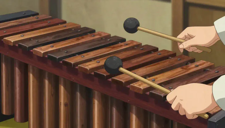 Visual representation of "marimba" - A musical instrument similar to a xylophone but with wooden bars and resonators producing a deeper tone.