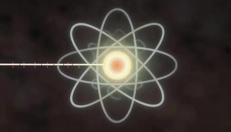 Visual representation of "angstrom" - A unit of length equal to one ten-millionth of a millimeter, or 10^-10 meters, commonly used to measure very small distances, especially in the field of atomic physics.