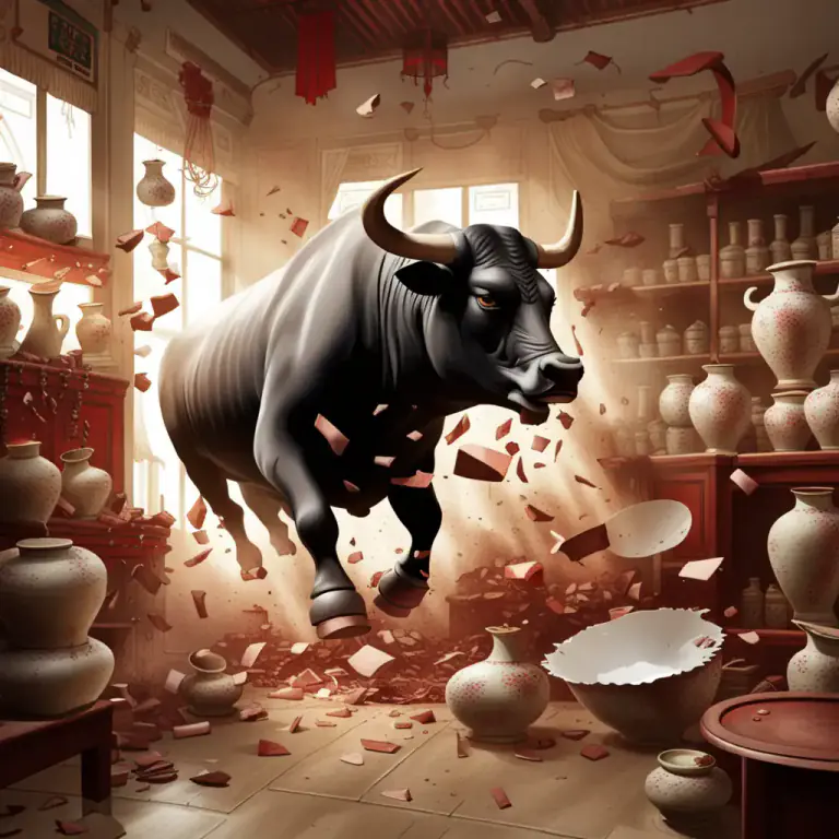 Visual representation of "a bull in a china shop" - Someone who is clumsy or careless in a place or situation where they can do a lot of damage or cause a lot of disruption
