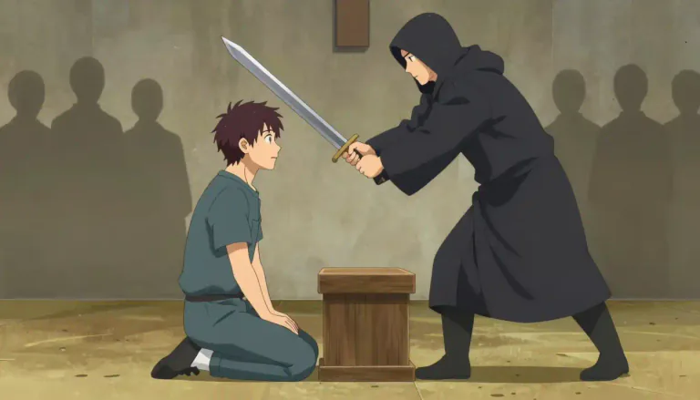 Visual representation of "behead" - To cut off someone's head.