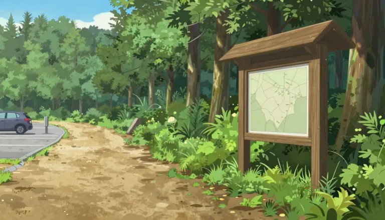 Visual representation of "trailhead" - A trailhead is the point at which a trail begins, often marked by a sign or map.