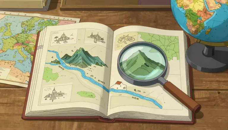 Visual representation of "gazetteer" - A type of dictionary that provides details about geographical places like cities, rivers, and mountains.