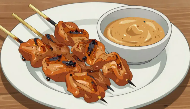 Visual representation of "satay" - A dish of marinated and skewered meat that is grilled and typically served with a peanut sauce.