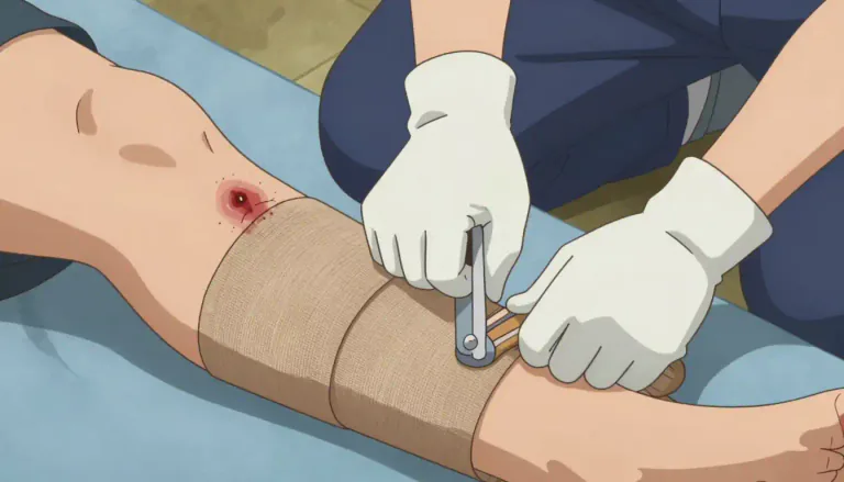 Visual representation of "tourniquet" - A device, typically a tightened band, used to stop bleeding by squeezing a vein or artery.