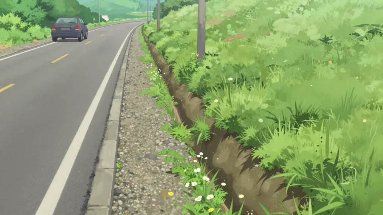 Visual representation of "roadside" - The edge or border of a road