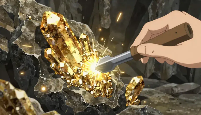 Visual representation of "pyrites" - A type of mineral that can produce sparks when it is struck against metal or stone.