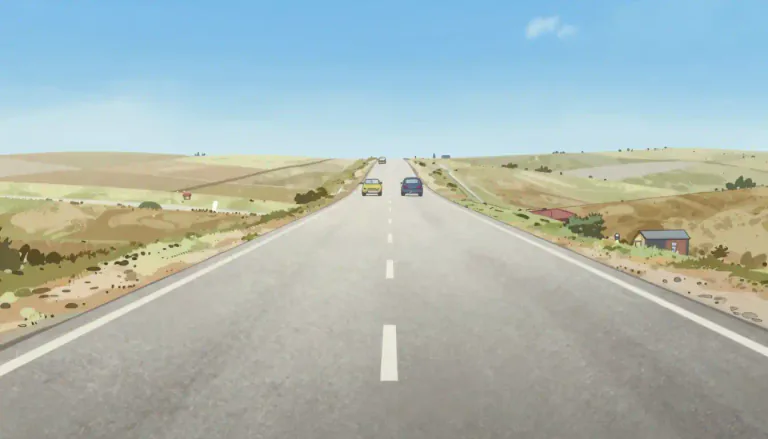 Visual representation of "road" - A long, hard surface built for vehicles to travel along
