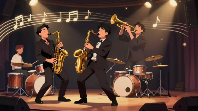 Visual representation of "jazz" - A type of music that originated in the US, characterized by improvisation, syncopation, and often a regular rhythm