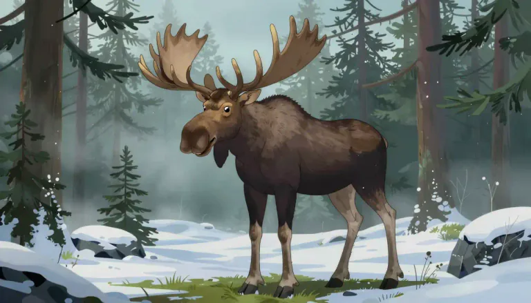Visual representation of "moose" - A large animal with antlers that is found in the northern parts of North America and Europe.