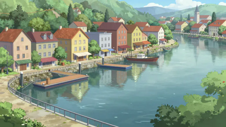 Visual representation of "waterfront" - The land alongside or sloping down to a river or body of water, including its buildings and structures.