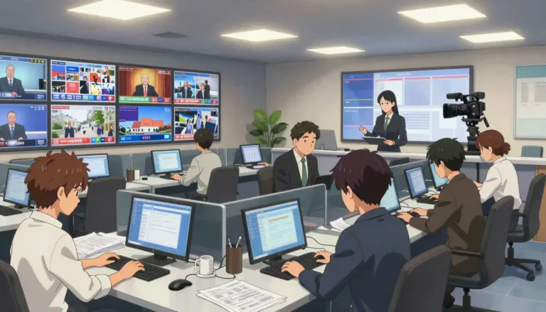 Visual representation of "newsroom" - A place where journalists work to collect and produce news for newspapers, magazines, websites or TV broadcasts.