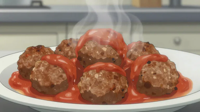 Visual representation of "meatball" - A small, round ball made from ground meat, often served with sauce, especially in dishes like spaghetti.